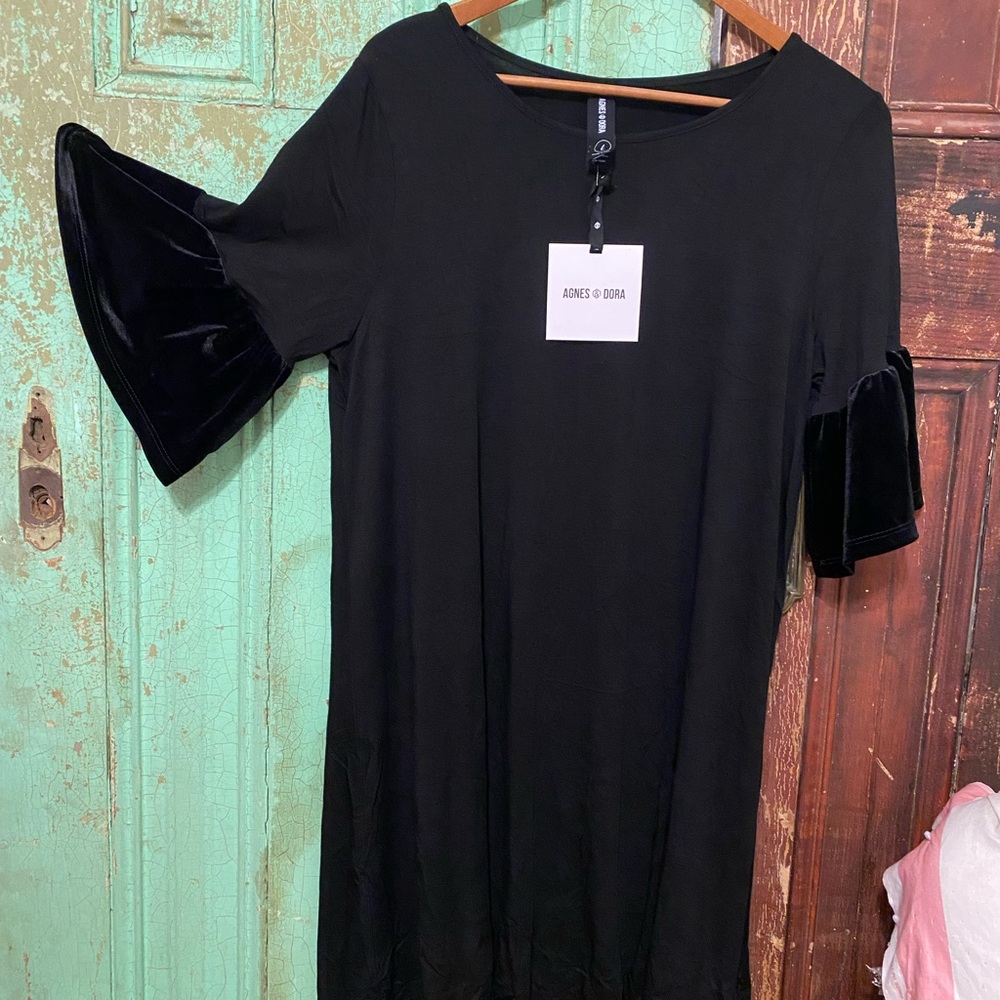 Agnes & Dora Black Midi Dress with Velvet Sleeves